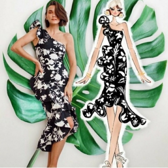 NWT Johanna Ortiz x H&M Black Wild Roses Midi Flounced Cotton Skirt Sz 12 - Picture 1 of 10